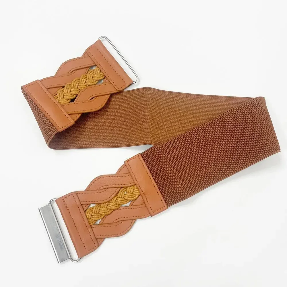 2/$30 New Elastic Wide Waist Belt Braided Camel Brown Caramel Tan